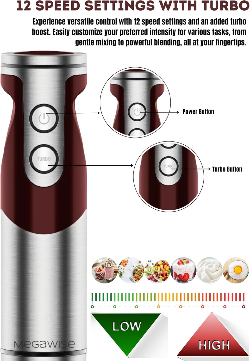 MegaWise Pro Titanium Reinforced 3-in-1 Immersion Corded Hand Blender, Powerful MOTOR with 80% Sharper Blades, 12-Speed Corded Blender, IncludingWhisk and Milk Frother (3-in 1 Red)