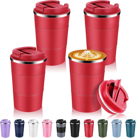 Volhoply 13 oz Stainless Steel Insulated Travel Coffee Mug with Fip Lid Bulk 4 Pack,Reusable Double Wall Vacuum Metal Coffee Cup,Portable Leak Proof Thermal Tumbler for Hot & Cold Drinks(Red,4)