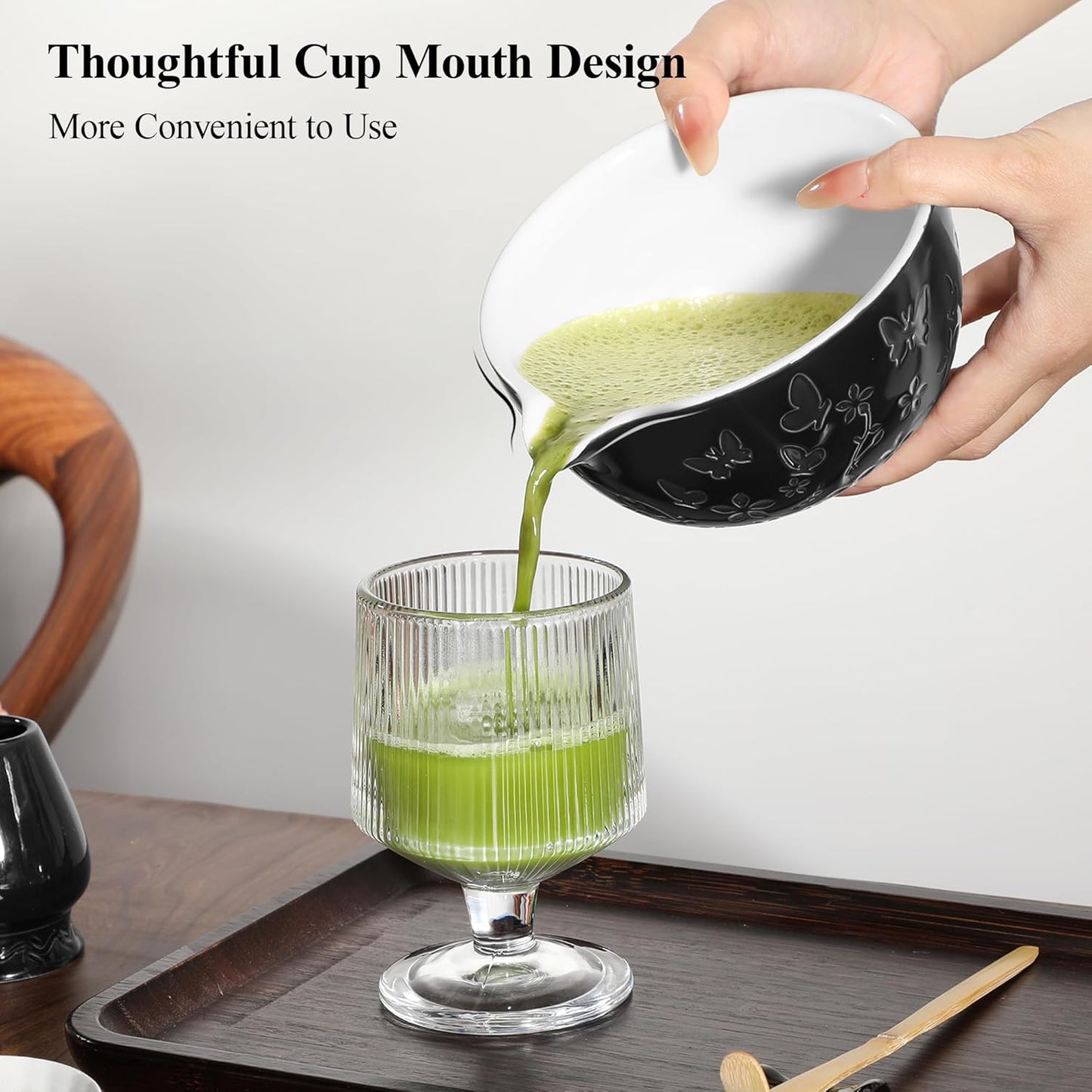 Matcha Whisk 7 PCS Matcha Whisk Set Ceramic Matcha Kit for Ceremony (Matcha Bowl, Bamboo Whisk and Holder), Matcha Tea Set for Making Breakfast/Latte Japanese Tea Tools for Ceremony Gift Black