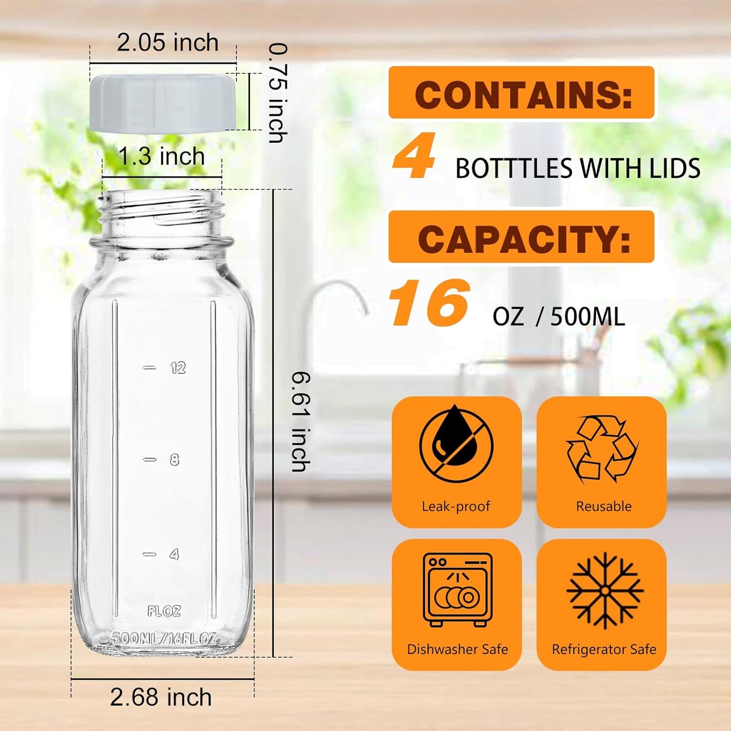 4 Pack 16 OZ Glass Milk Bottles with Lids, Glass Juice Bottles with Scale & Silicone Pour Spout, Reusable Juice Containers Square Drinking Jars for Milk, Coffee, Smoothies, Water