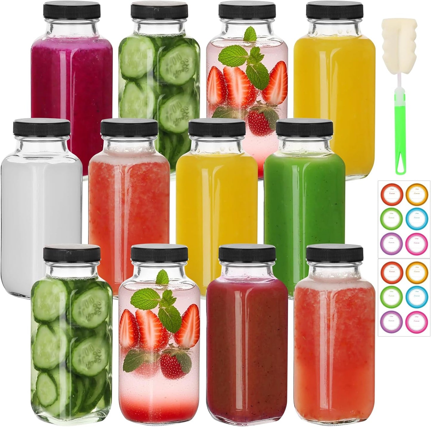 BIGIVACA 8 oz Glass Juice Bottles with Lids,12 PACK Bottles for Juicing,Square Drinking Jars Glass for Coffee,Cola,Milk,Tea in Travel,Work,School