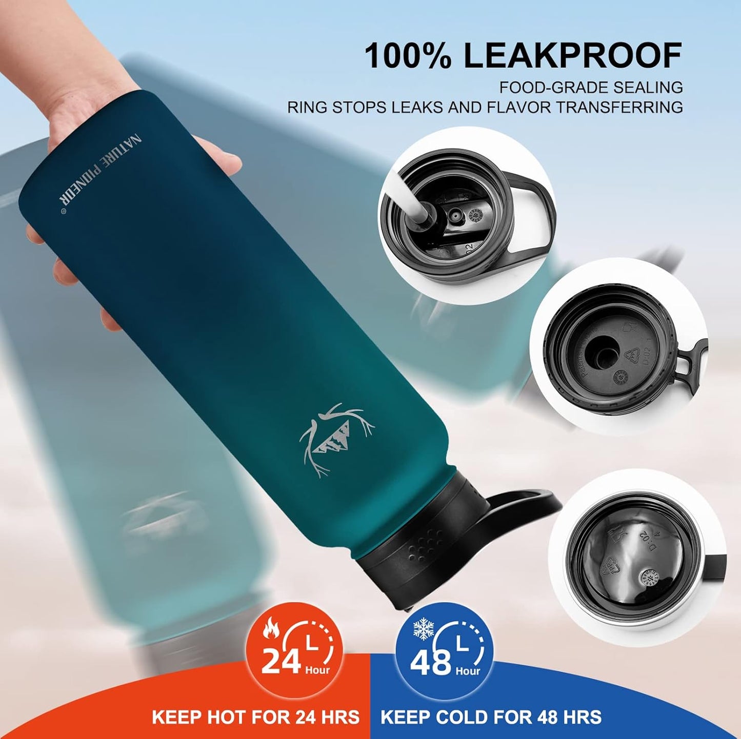 NATURE PIONEOR Insulated Water Bottles with Straw - 40oz Stainless Steel Vacuum Bottle with Holder/Carrier/Sleeve - Reusable 18/8 Food Grade 40 oz Water Jug