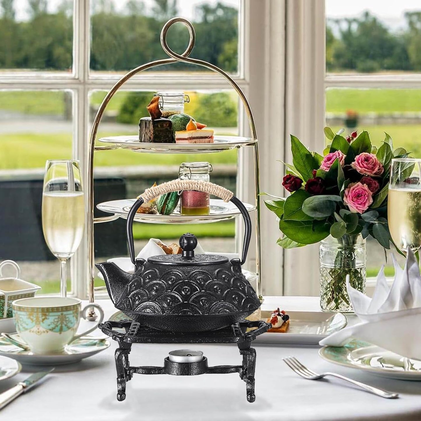 Sumnacon Tea Warmer Cast Iron Tea Pot Warmer with Tealight Candle Holder Sturdy Functional Teapot Warmer Stand for Office Party or Desk RetroTea Pot Heater for Heating Milk,Tea,Coffee,Food