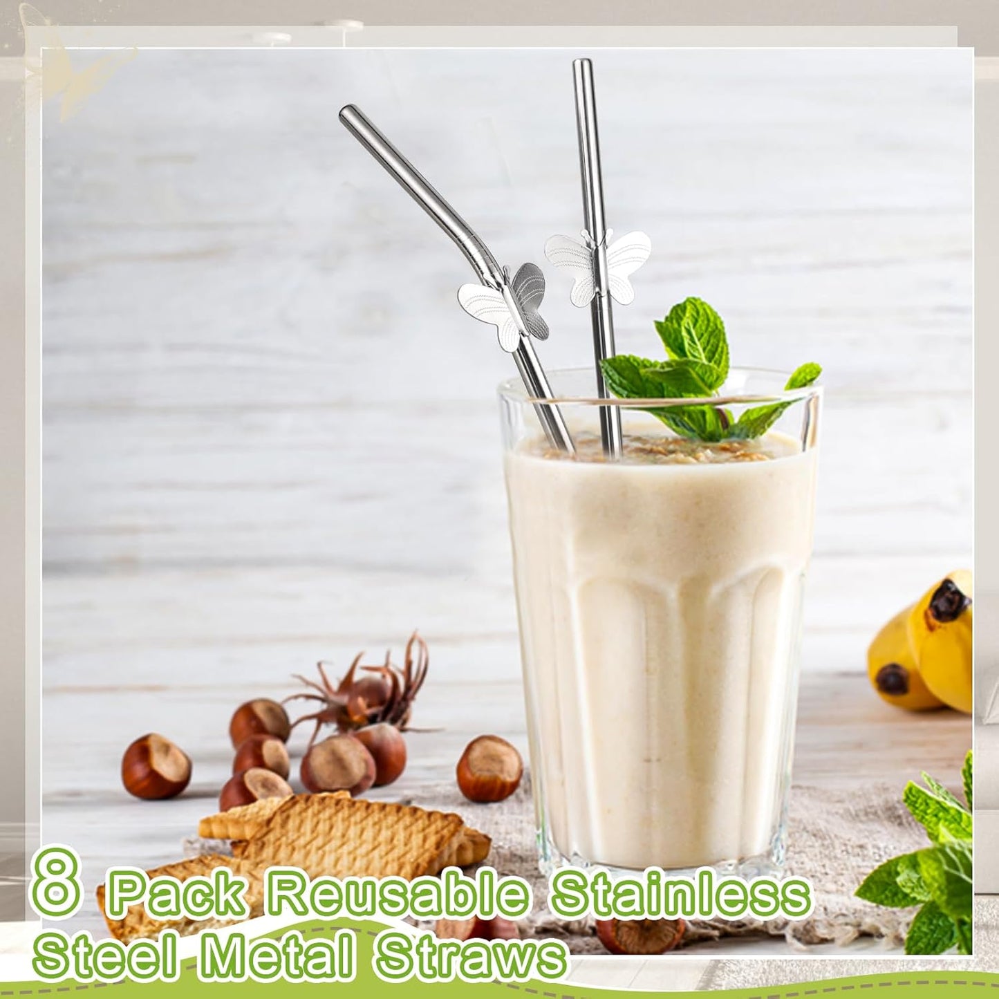 8 Pack 8" Reusable Stainless Steel Metal Straws, 4 Straight + 4 Bent Metal Drinking Straws for Tumblers Beverage Drink with Butterfly Charms and 1 Cleaning Brush