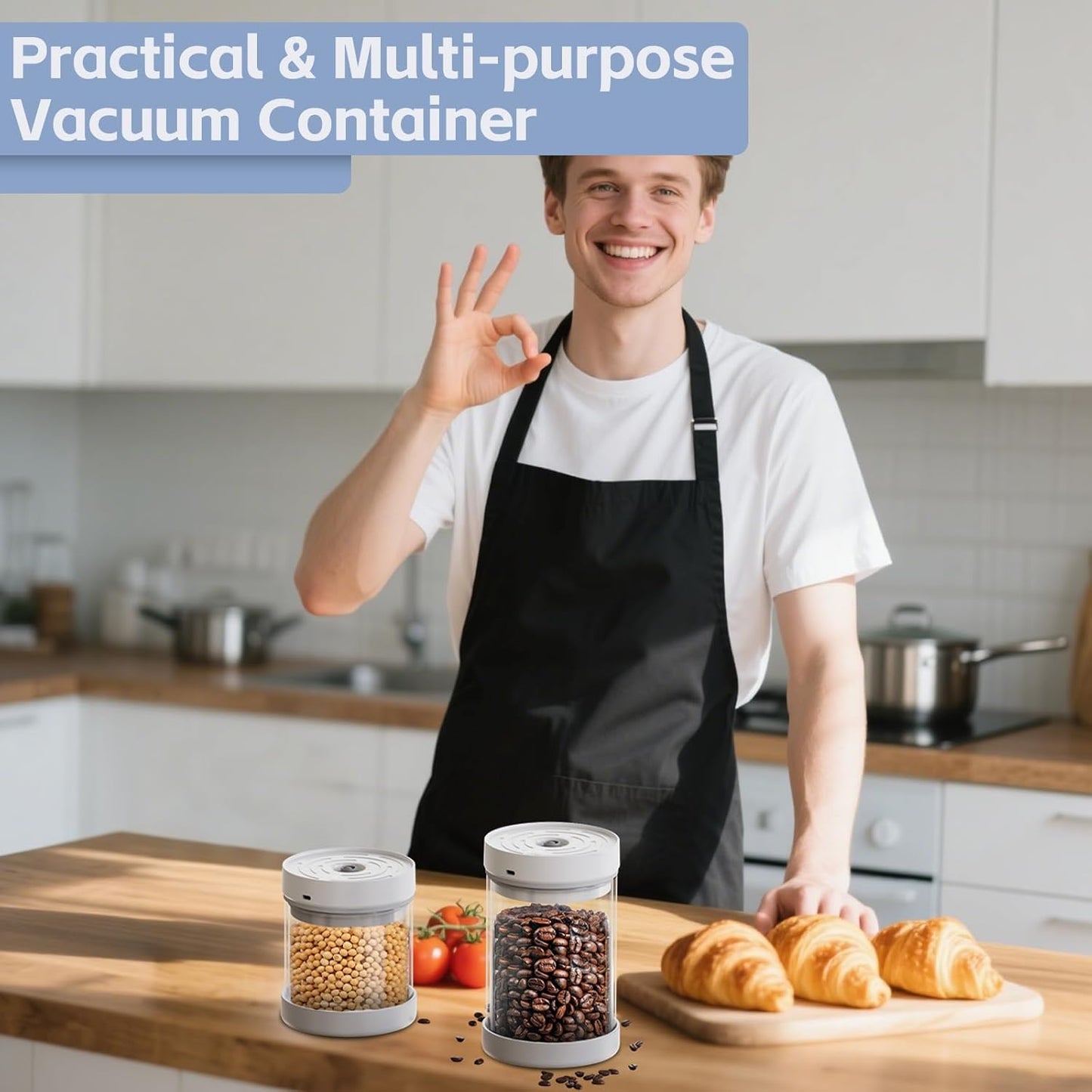 Auto Vacuum Coffee Container, 1.1L/16oz Airtight Food Storage Containers, Coffee Bean Storage Canister, Glass Storage Jars for Beans & Food