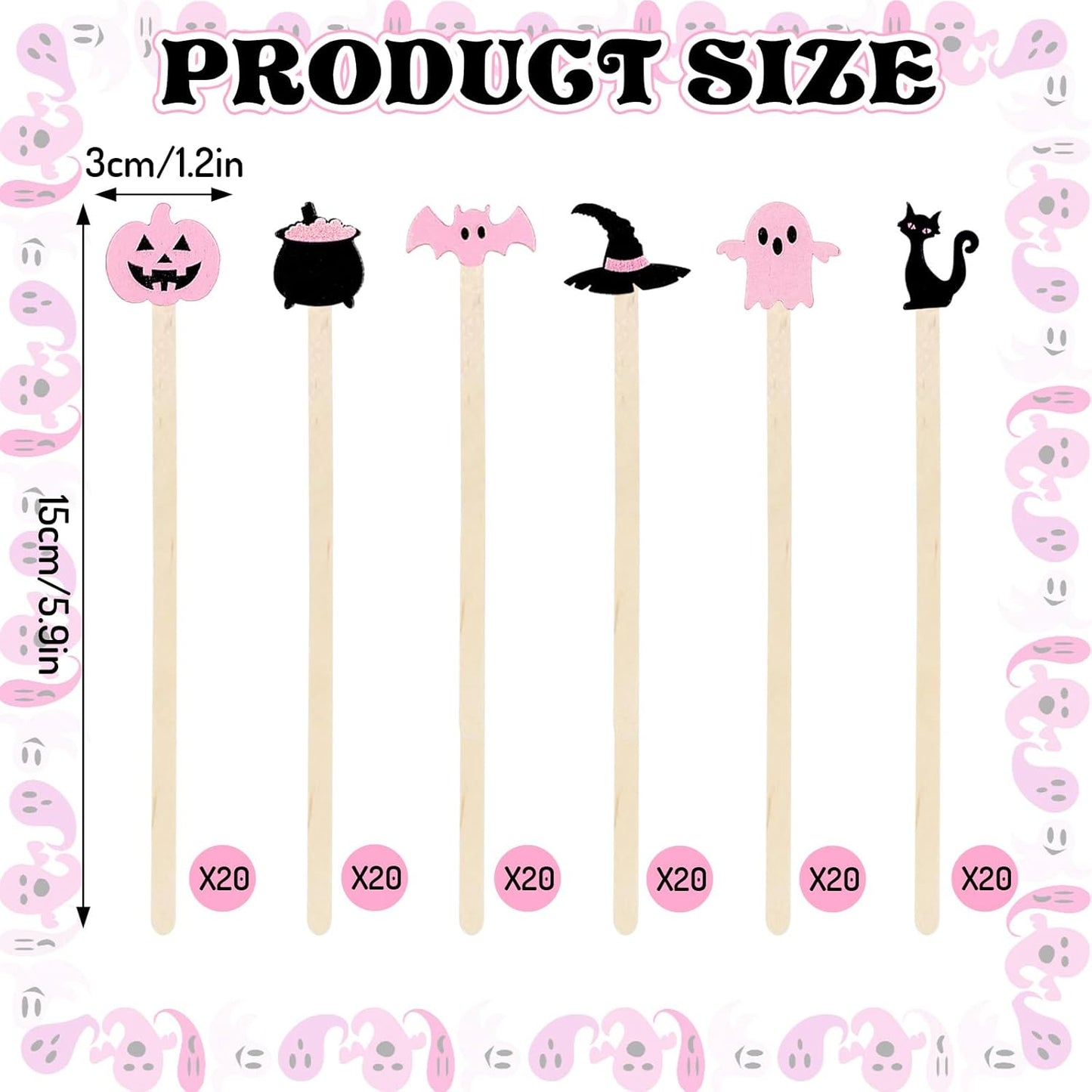 120Pcs Halloween Coffee Stirrers Disposable Pink Black Ghost Bat Cat Pumpkin Stir Sticks Wooden Drink Stirrer for Hot Chocolate Milkshake Restaurant Home Office
