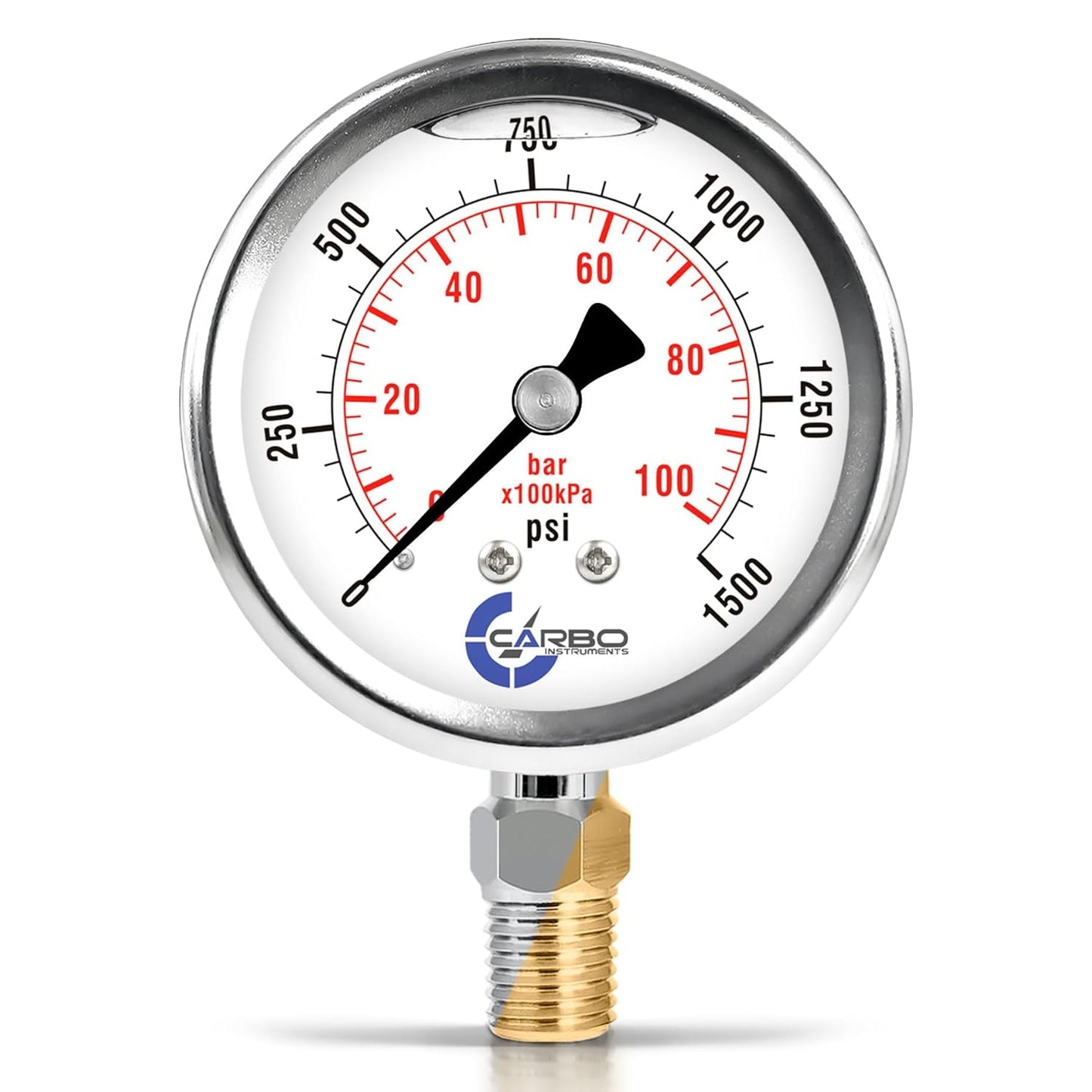 Stainless Steel Pressure Gauge Dual Display (0-1500 psi/kPa) - 2 1-2" Glycerine Liquid Filled Water Air Oil Gas Gauge with Polycarbonate Lens & Brass Connection-1/4 NPT Lower Mount