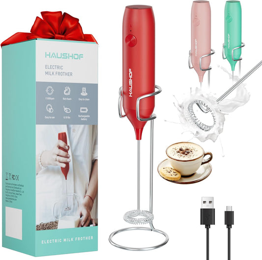 HAUSHOF Powerful Rechargeable Milk Frother Wand with Stand, Handheld Electric Foam Maker, Drink Mixer with Detachable Stainless Steel Whisk for Coffee Latte, Cappuccino, Matcha, Red