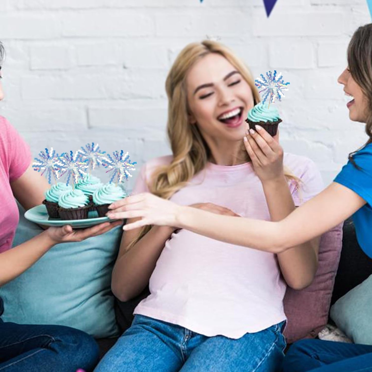 Gyufise 30Pcs Foil Firework Cupcake Toppers Happy Birthday Cake Toppers Tinsel Flower Drink Stirrers Cocktail Food Fruit Toothpicks for Valentine's Day Party Birthday Wedding Supplies Laser Silver