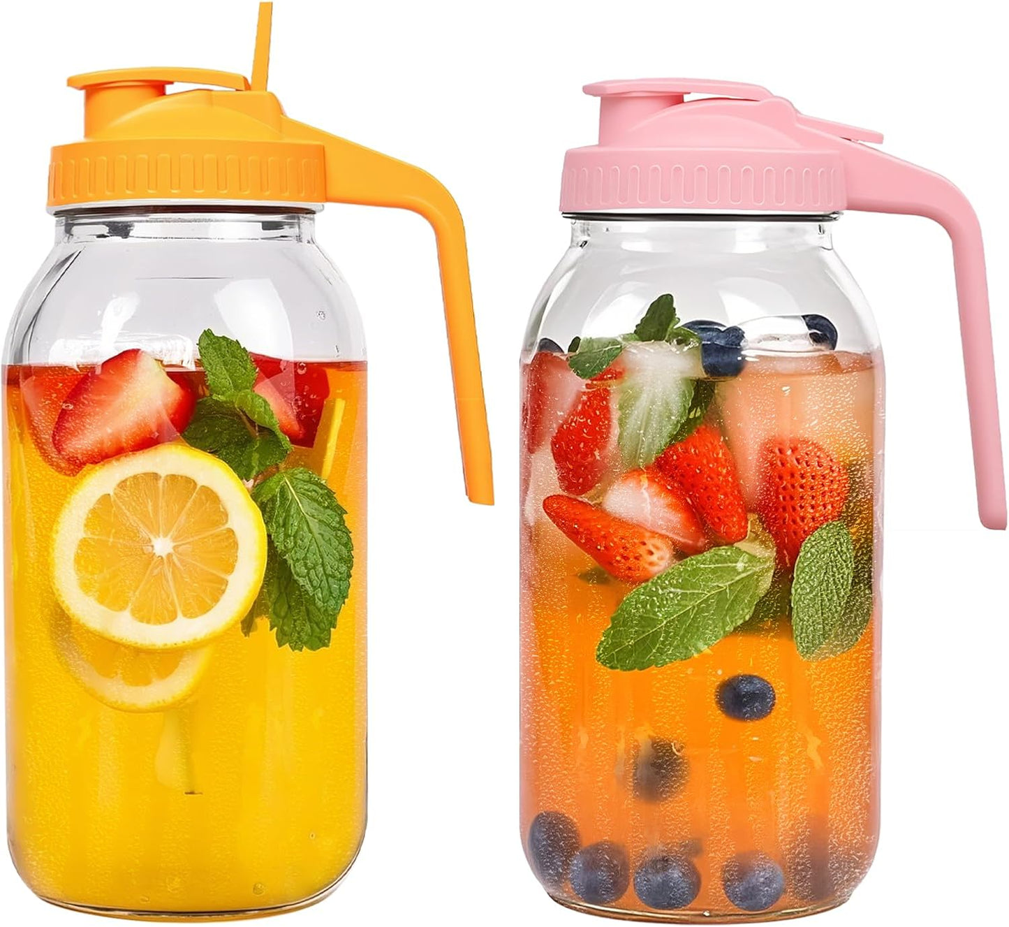 2 Pack 64oz Glass Mason Jar Pitcher with Airtight Lid and Handle – Wide Mouth, Leak-Proof, Ideal for Sun Tea, Cold Brew, Lemonade, Iced Coffee, Milk, and Water (Pink & Orange)