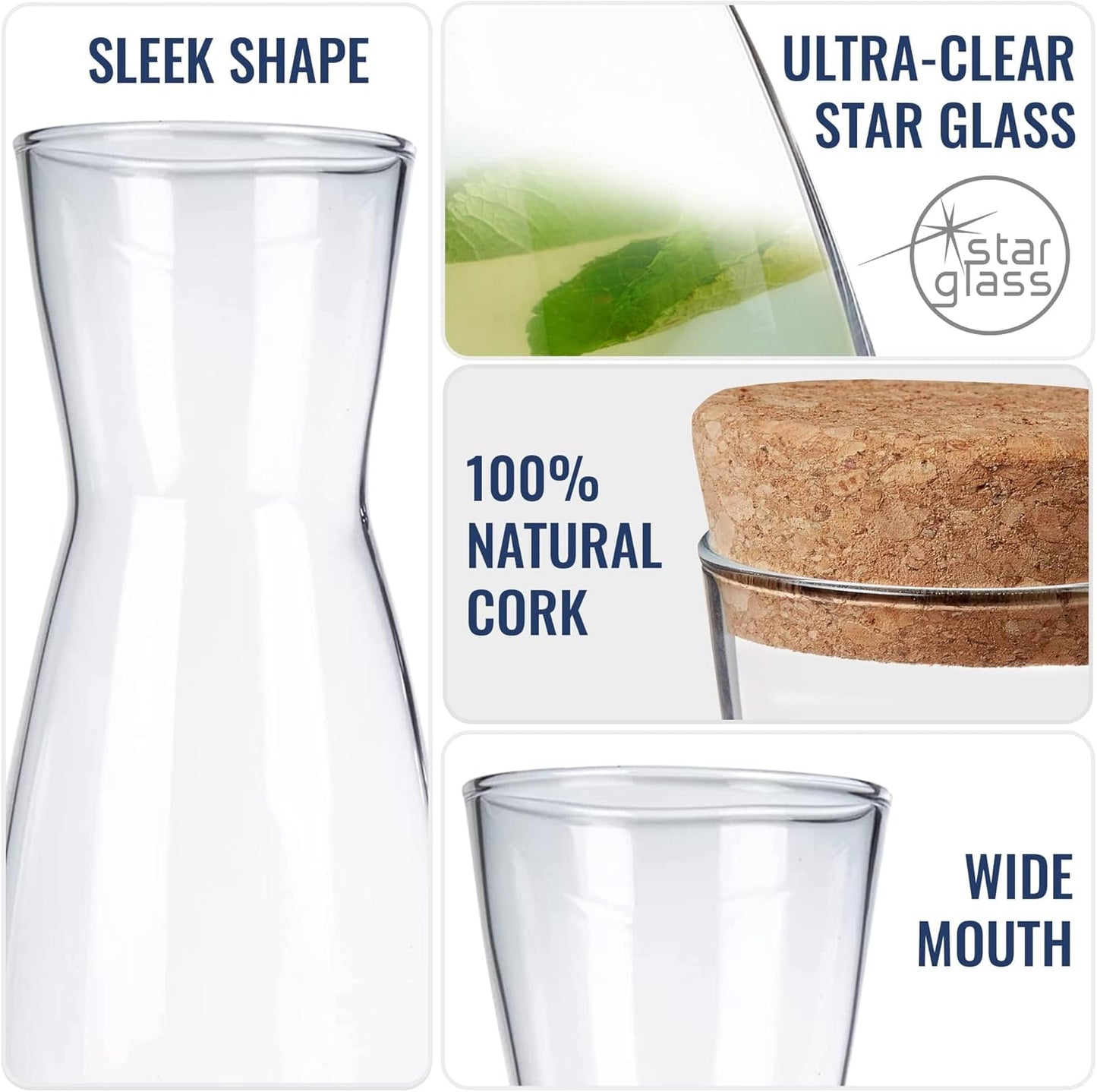 Bormioli Rocco Ypsilon Carafe Set with Cork Lids, Set of 2-36.25 oz Stylish Drink Set for Water, Milk, Juice, or Wine - Dishwasher Safe Modern Glassware for Dining & Entertaining