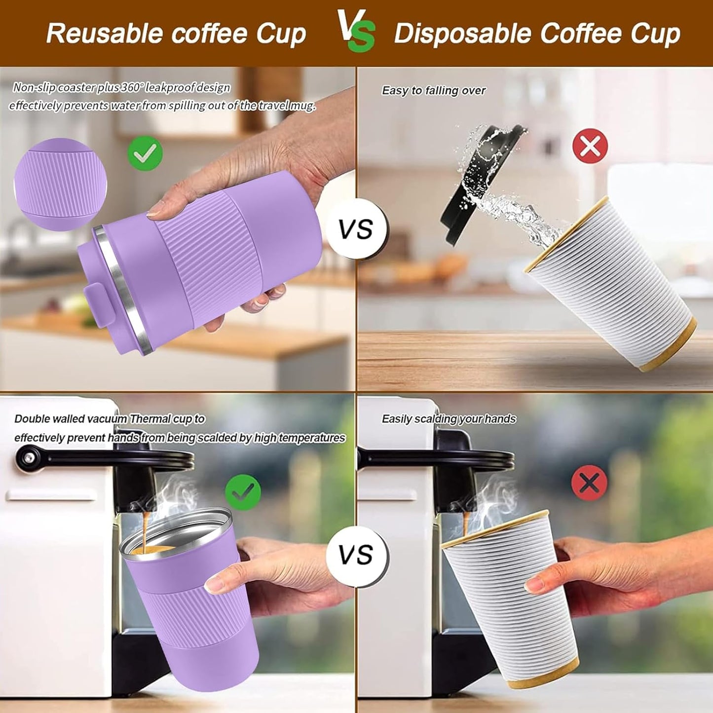 YINBAOGE Insulated Travel Coffee Mug Spill Proof Leak Proof Pobtable To Go Camping Stainless Steel Coffee Tumbler Reusable Coffee Cups with Lids Thermos for Hot and Cold Drink (Purple, 17 OZ)