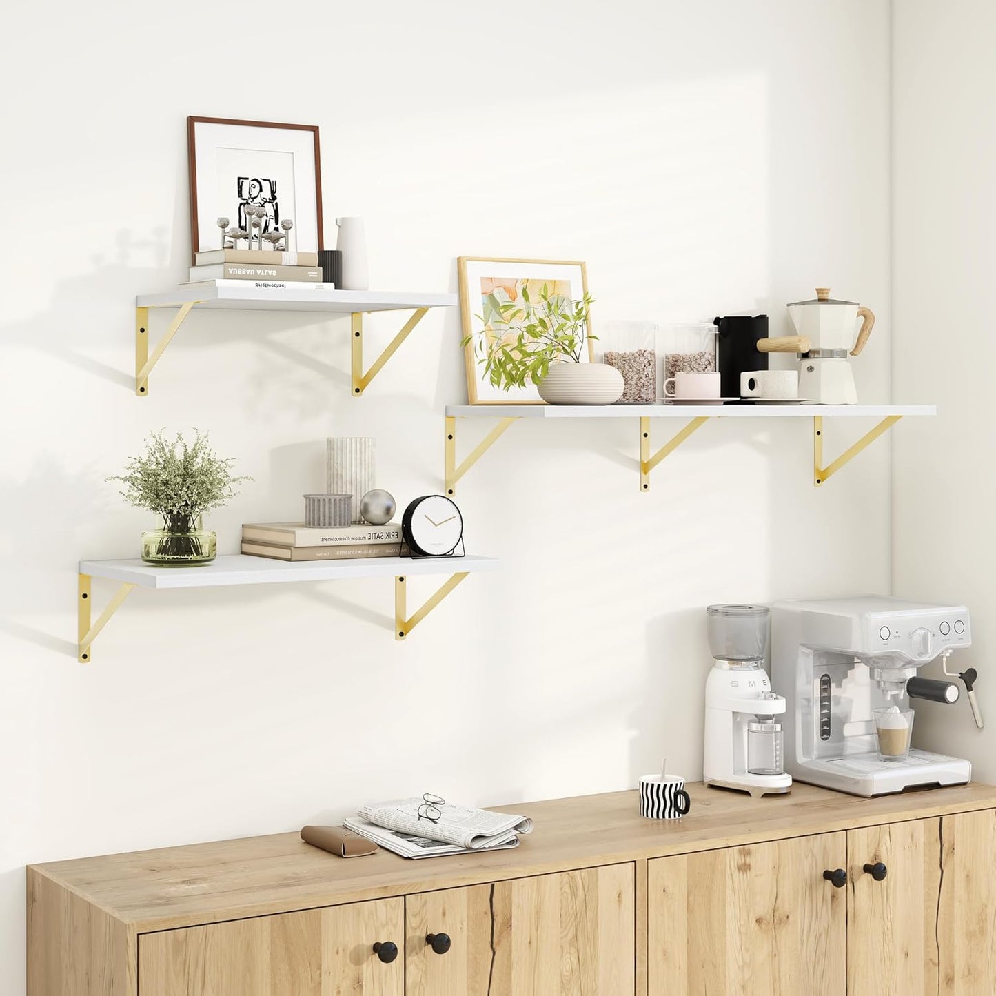 Dreamland Gold Shelves for Wall, White Wood Wall Mounted Shelves, Large Floating Shelf 12 * 24 inch Set of 2 for Bookshelf Living Room Bedroom Home Office Bathroom