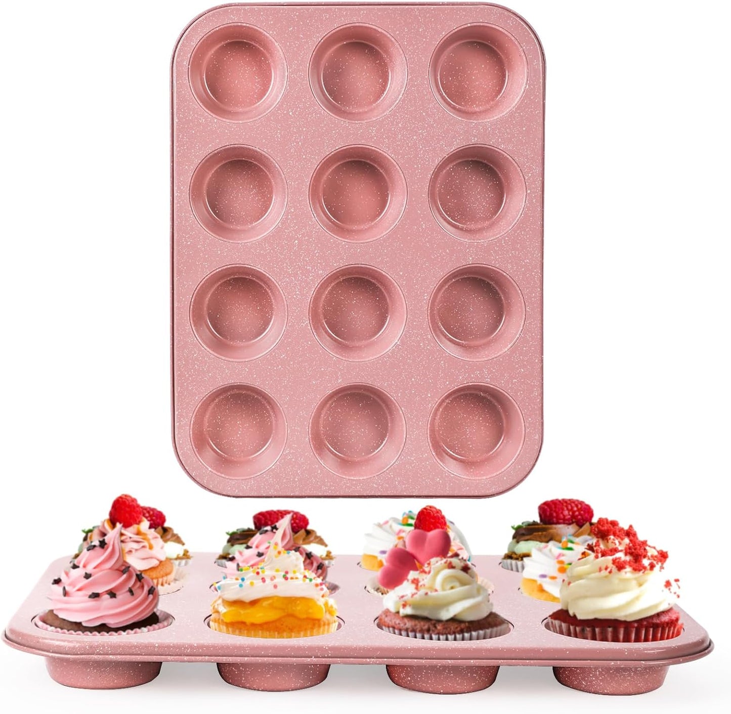 2-Pack Pink Nonstick Muffin Pans, 12-Cup Muffin Cake Pan, 5-Layer Free PFOA/PFOS/PTFE Safe Cupcake Pan, Durable & Easy-Clean Muffin Cup for Baking
