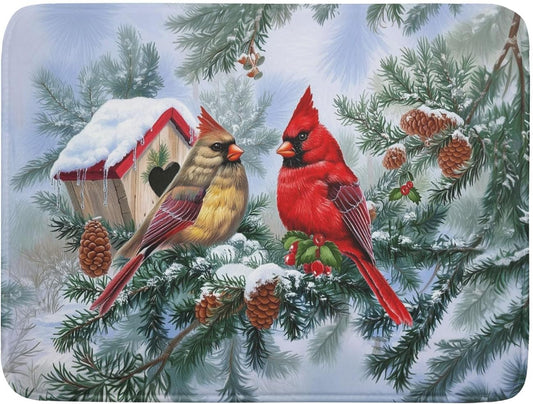 Winter Red Cardinal Bird Dish Drying Mat for Kitchen Counter,Holly Berry Branches Xmas Snowflake Cabin Drying Mat 18 x 24 Inch with High Absorbent Microfiber Drainer Mat for Coffee Bar