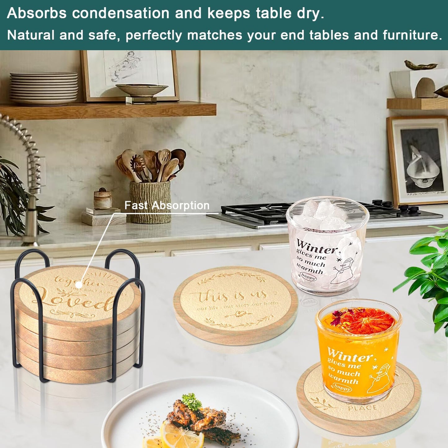 Coasters Sets of 6 Housewarming Gifts for Home Decoration Absorbent Coasters with Holder for Coffee Tabletop Protection 4.3 Inch Beige