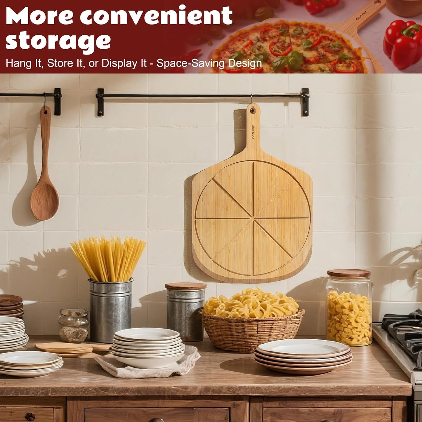 Wood Pizza Peel 16 Inch Pizza Paddle Spatula Serving Board Bamboo Pizza Cutting Boards with 8 Slice Grooves and Handle for Kitchen Oven Pastry Pizzas