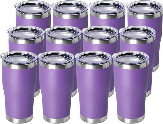DOMICARE 20oz Tumbler with Lid Stainless Steel Tumblers Bulk, Double Wall Vacuum Insulated Coffee Travel Mug Powder Coated Tumbler, 12 Pack Purple