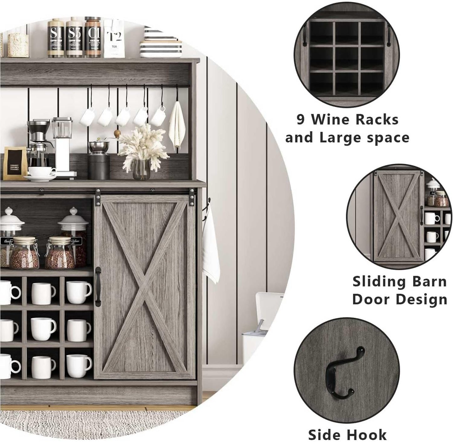 4ever2buy Farmhouse Coffee Bar Cabinet with Sliding Barn Doors, 50 Inch Coffee Bar Hutch with 6 Hooks and 9 Mug Rack, Hutch Cabinet with Storage for Living Room, Wash Grey