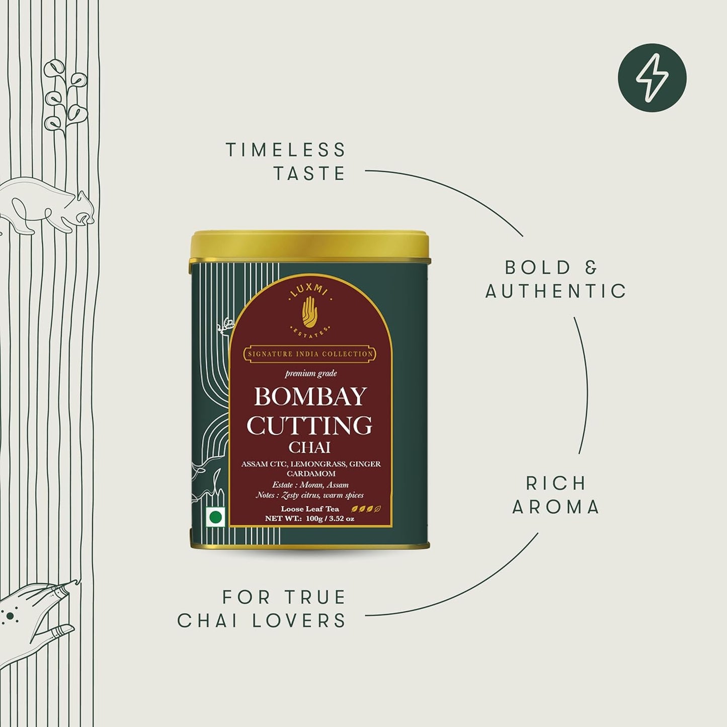 Luxmi Estates Bombay Cutting Chai | 100 gm | Signature India Collection | Assam CTC | Black Tea Collection | Strong Organic Tea | Lemongrass Tea, Ginger, Cardamom
