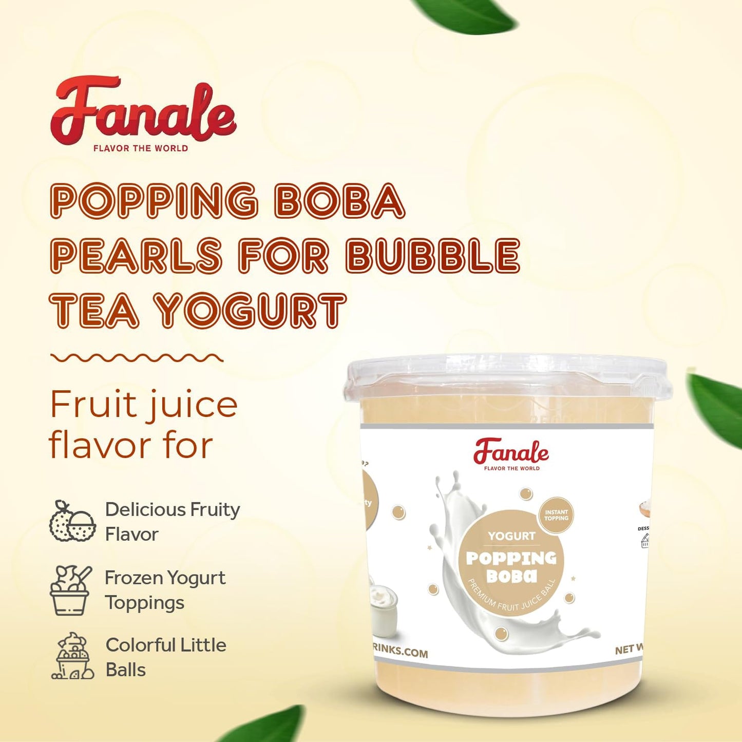 Fanale Yogurt Popping Boba Pearls, Vegan, Non GMO, Gluten Free, Fat Free, Perfect for Bubble Tea, Smoothies, Ice Cream, Desserts, and Beverages.