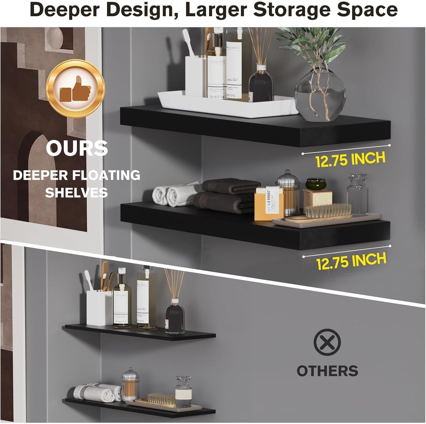 Floating Shelf, Set of 3 Wall Shelf, 24 in W x 12.75 in D x 2 in H Wooden Floating Wall Shelf with Invisible Brackets for Living Room/Bedroom/Bathroom/Kitchen Storage and Decor, Black