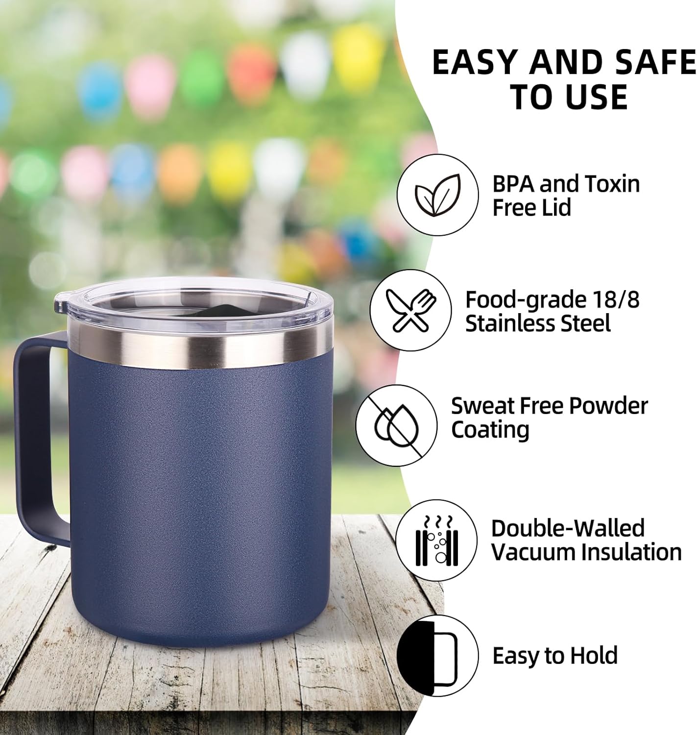Volhoply 14oz Insulated Stainless Steel Coffee Mug with Lid Bulk 8 Pack,Double Wall Vacuum Travel Coffee Cup with Handle,Reusable Metal Cups Tumbler,Camping Mugs Keep Hot,Ideal Gifts(Navy,8)
