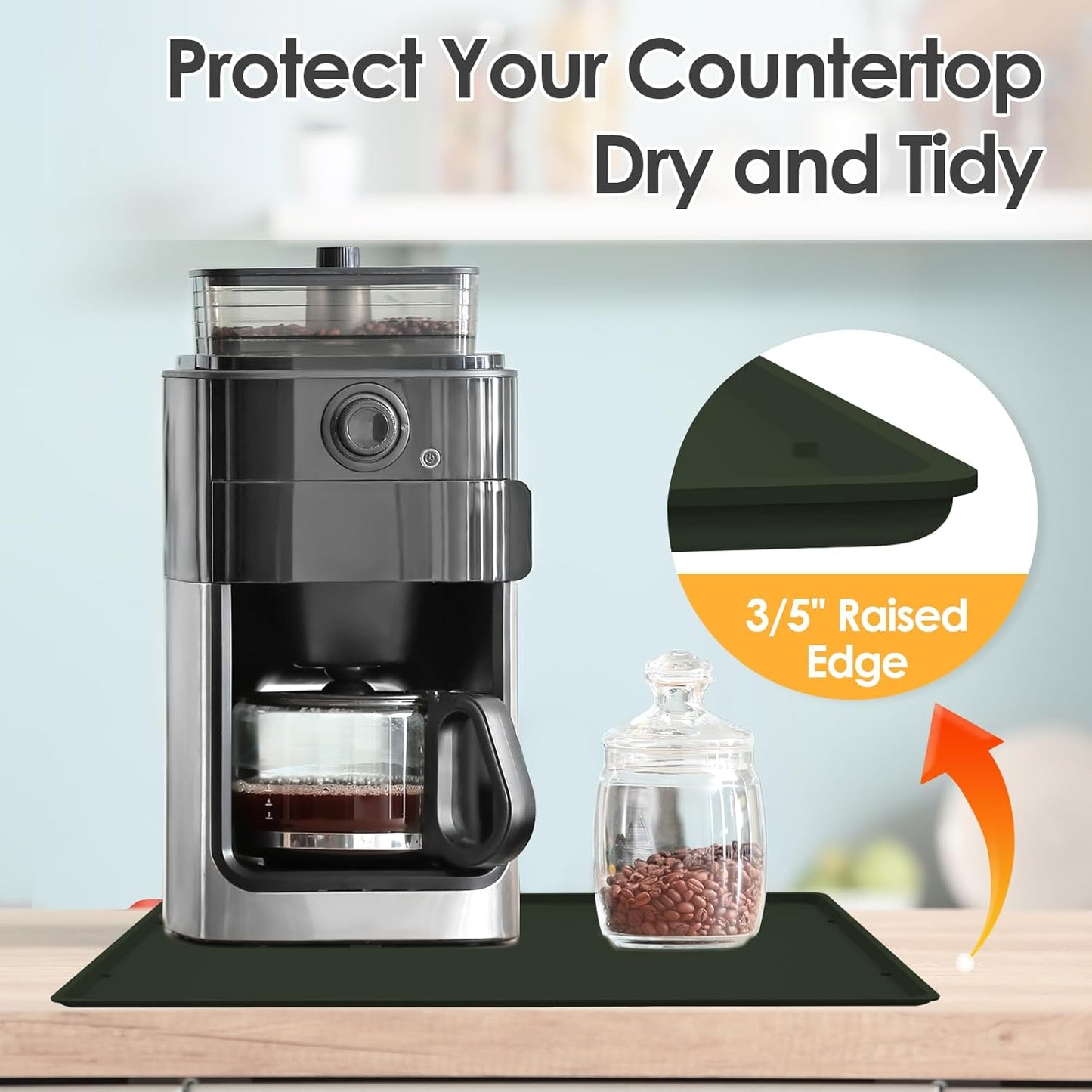 Silicone Coffee Maker Mat with Lip, 19.7'' x 15'' Heavy Duty Coffee Maker Mat for Countertops, Coffee Tray Fit Under Coffee Machine Appliance Automatic Machines Espresso Accessory, Dark Olive Green