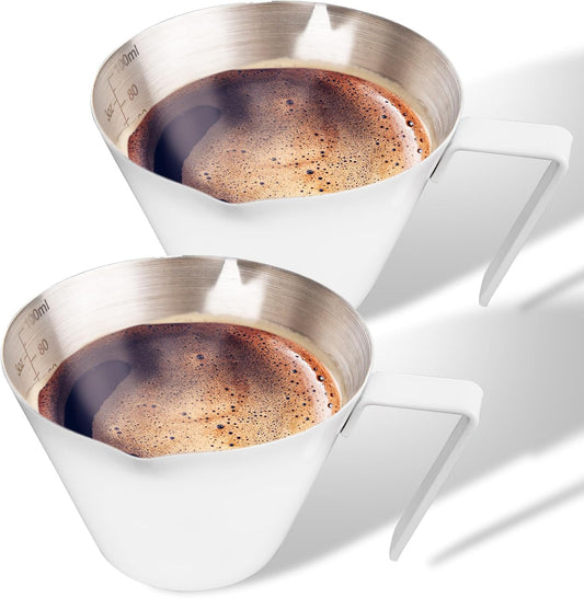 YARRAMATE 2Pcs Stainless Steel Espresso Shot Cup, Double Spout Metal Espresso Measuring Cup with V-Shaped Mouth, Espresso Accessories, 3.4OZ/100ML (White)