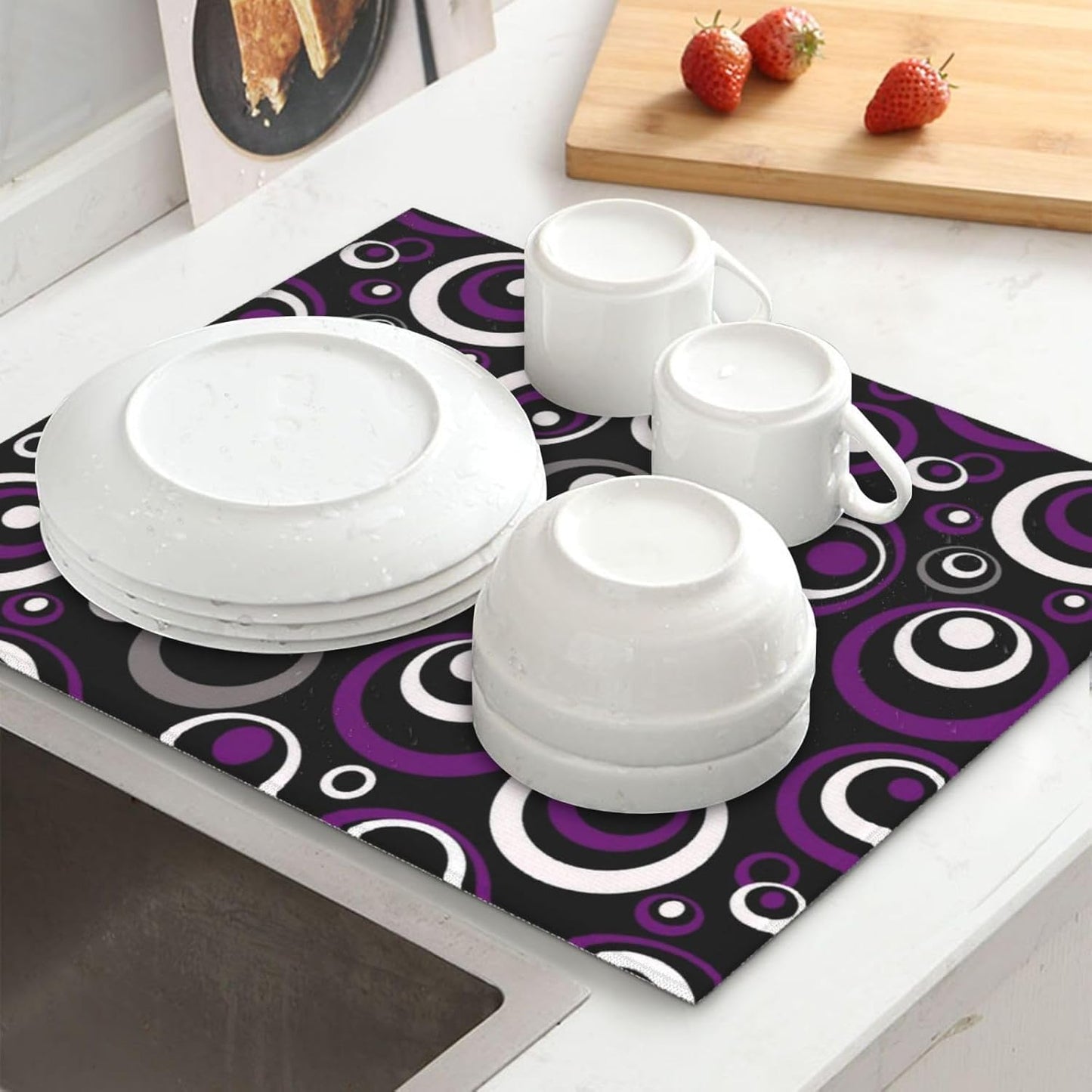 Purple White and Black Circle Pattern Dish Drying Mat, Absorbent Microfiber Decorative Kitchen Counter Mat, 16x18 inch Polyester, Absorption, Foldable, for Dishes Utensils Small Appliances, Home Decor