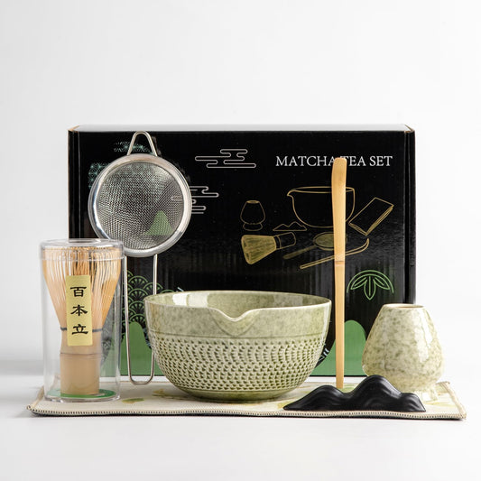 Japanese Matcha Ceremony Accessory, Matcha Whisk, Traditional Scoop (Chashaku), Tea Spoon, Whisk Holder, 1 tea bowl, 1 tea siev, The Perfect Set to Prepare a Traditional Cup of Matcha.