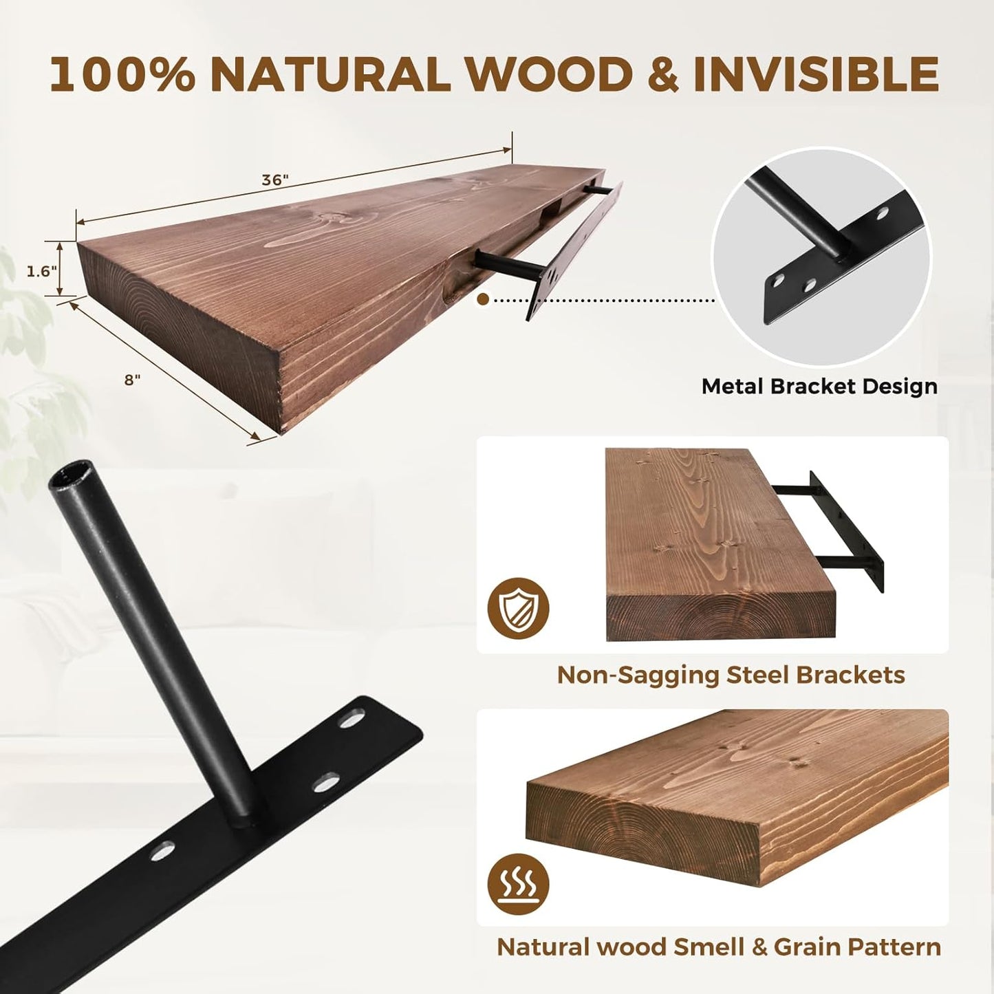 36x8x1.6 inch Floating Shelves Set of 2 – Solid Wood Rustic Brown Wall Mounted Shelf for Kitchen, Bathroom, Living Room