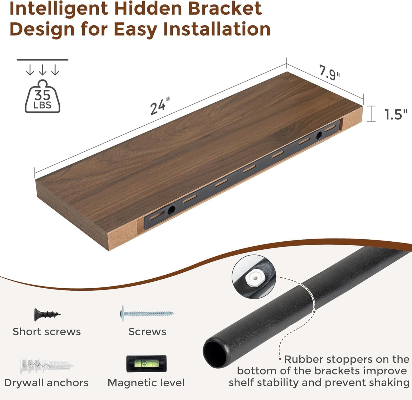 Heimlove 24 Inch Floating Shelves for Wall Walnut Shelves Set of 2,Wall Mounted Rustic Wood 8 Inch Deep Floating Shelf with Invisible Brackets for Bedroom Kitchen Living Room