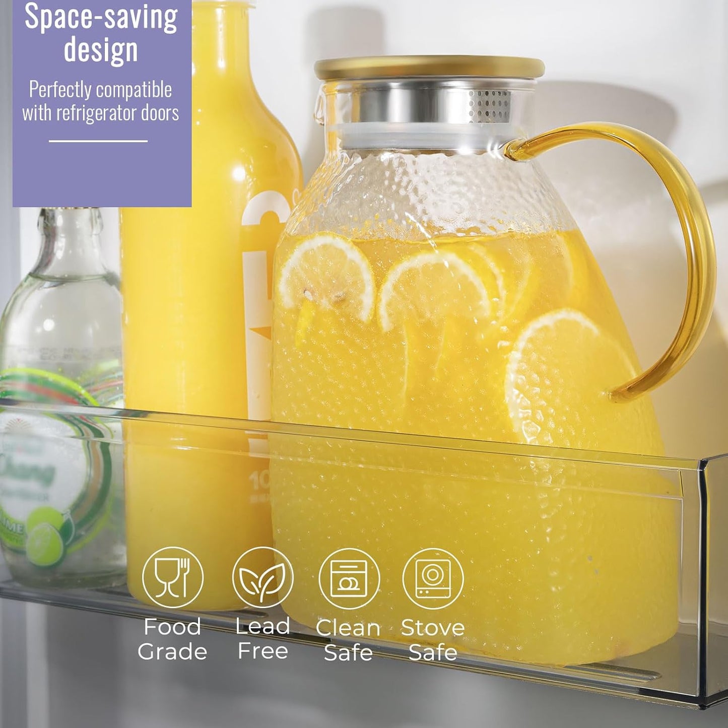 Glass Pitcher With Lid, 2 Liters Glass Pitchers With Handle And Lid, 68 oz Water Pitcher For Fridge, Tea Jug Carafe Jar For Hot/Cold Water Iced Juice Coffee Milk Fruit