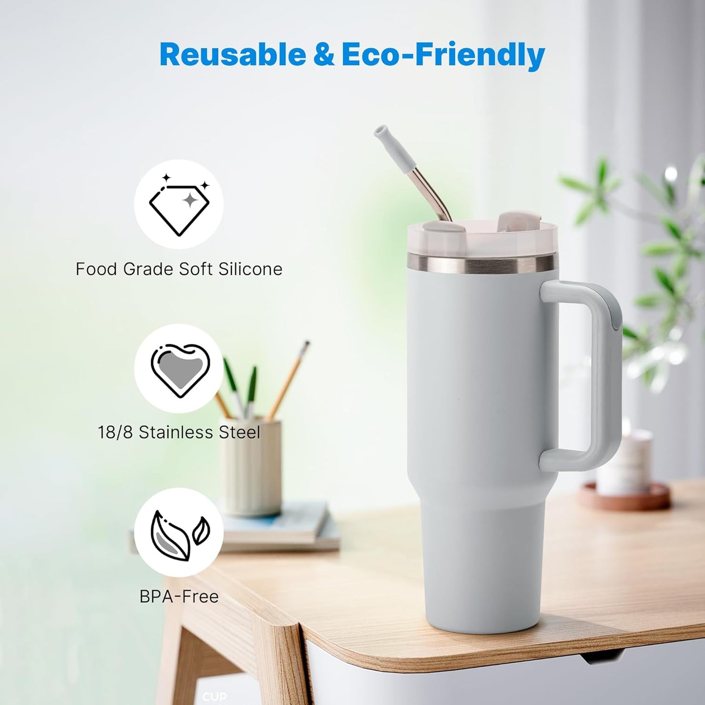 Repeatable Metal Straw with Silicone Tips for 40 oz Stanley Tumbler, 2 Pcs 40 oz Stainless Steel Straws Replacement for Stanley Tumbler, 1 Straw Brush, BPA Free（Light Gray）