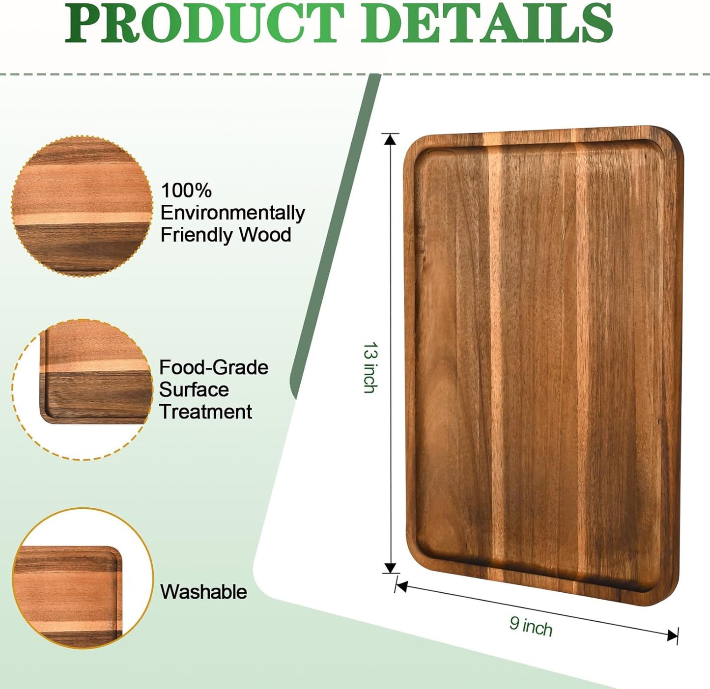 2 Pcs Acacia Wood Serving Tray, Charcuterie Boards Rectangular Wooden Platter, Large Serving Tray Wood Kitchen Display Tray for Food, Cookie, Dessert, Fruit, Snack, Vegetable, 13" x 9" x 0.6"