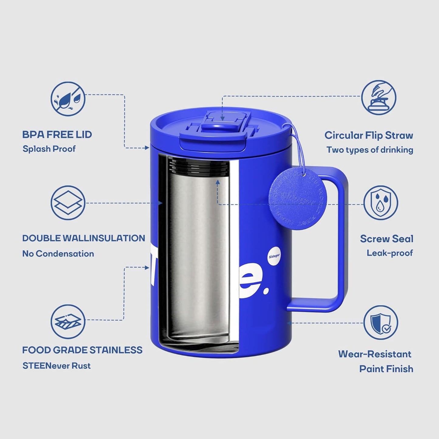 Sidagar+ 18 OZ z Stainless Steel Insulated Coffee Mug with Handle and Lid, Double Wall Vacuum Travel Mug, Tumbler Cup with Sliding Lid, Resuable Insulated Coffee Tumbler, Blue