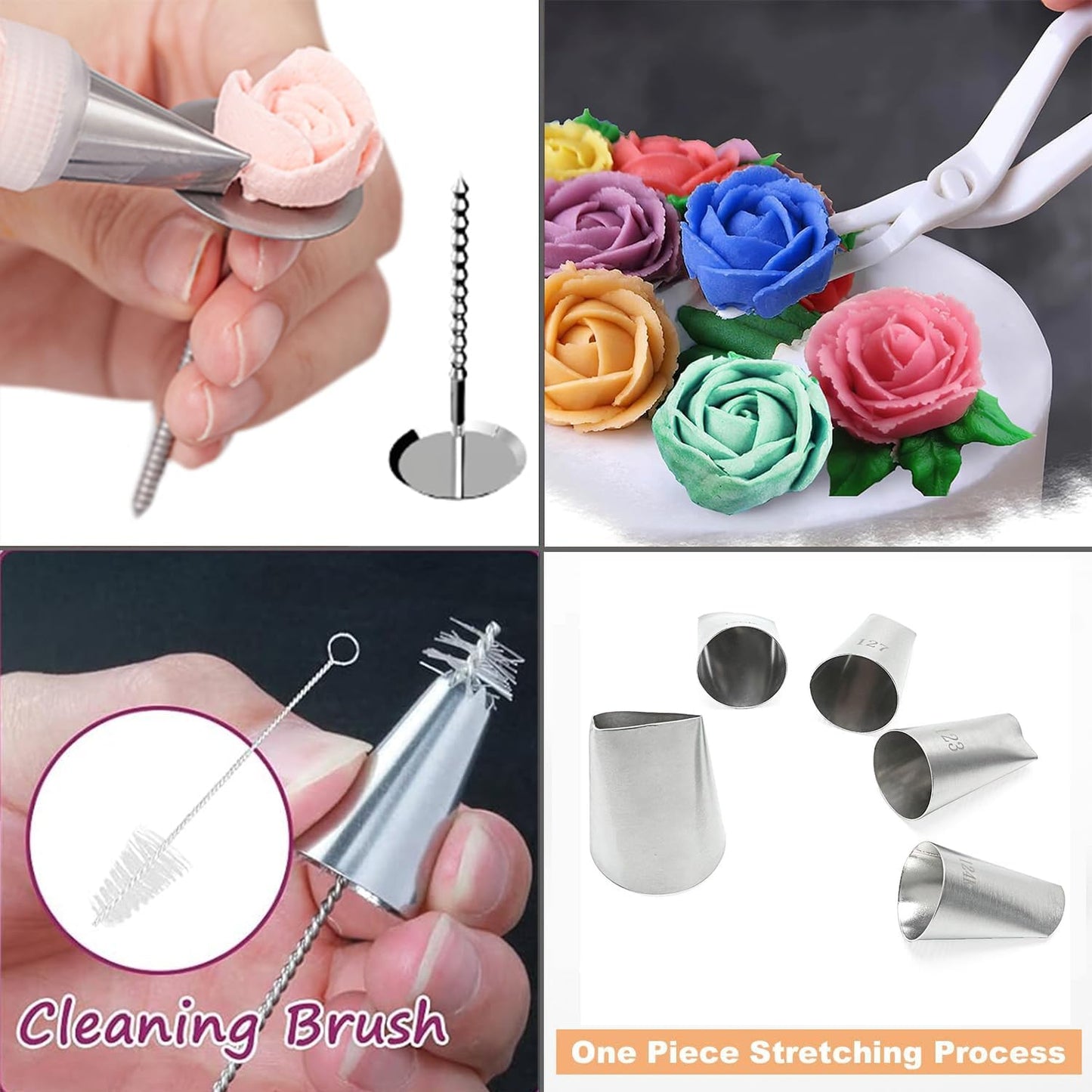 23 pcs Icing Piping Tips（with 8rose flower piping tips 2 Flower Nails 1 Flower Lifter 1Cake Decorating Tips Brush 5 Piping Bags & 6 pastry bag ties）Cake Decorating Tool Kit Petal Icing Tips