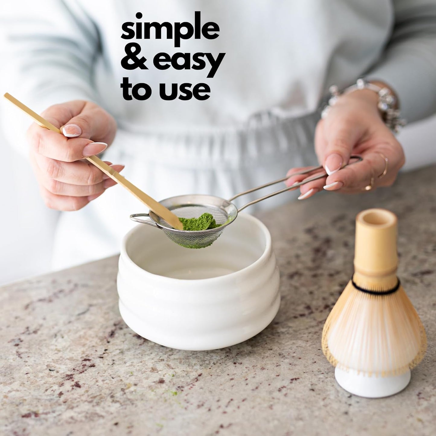Marce Matcha Whisk Set- Matcha Set includes Matcha Bowl, Sifter, Holder and Scoop- The Perfect Bamboo Whisk for Matcha Tea (White)