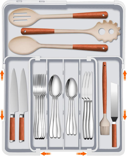 Expandable Silverware Drawer Organizer BPA Free Cutlery Organizer Small Utensil Organizer for Kitchen Drawers Adjustable Spoons Forks Knives Storage Divider, Gray