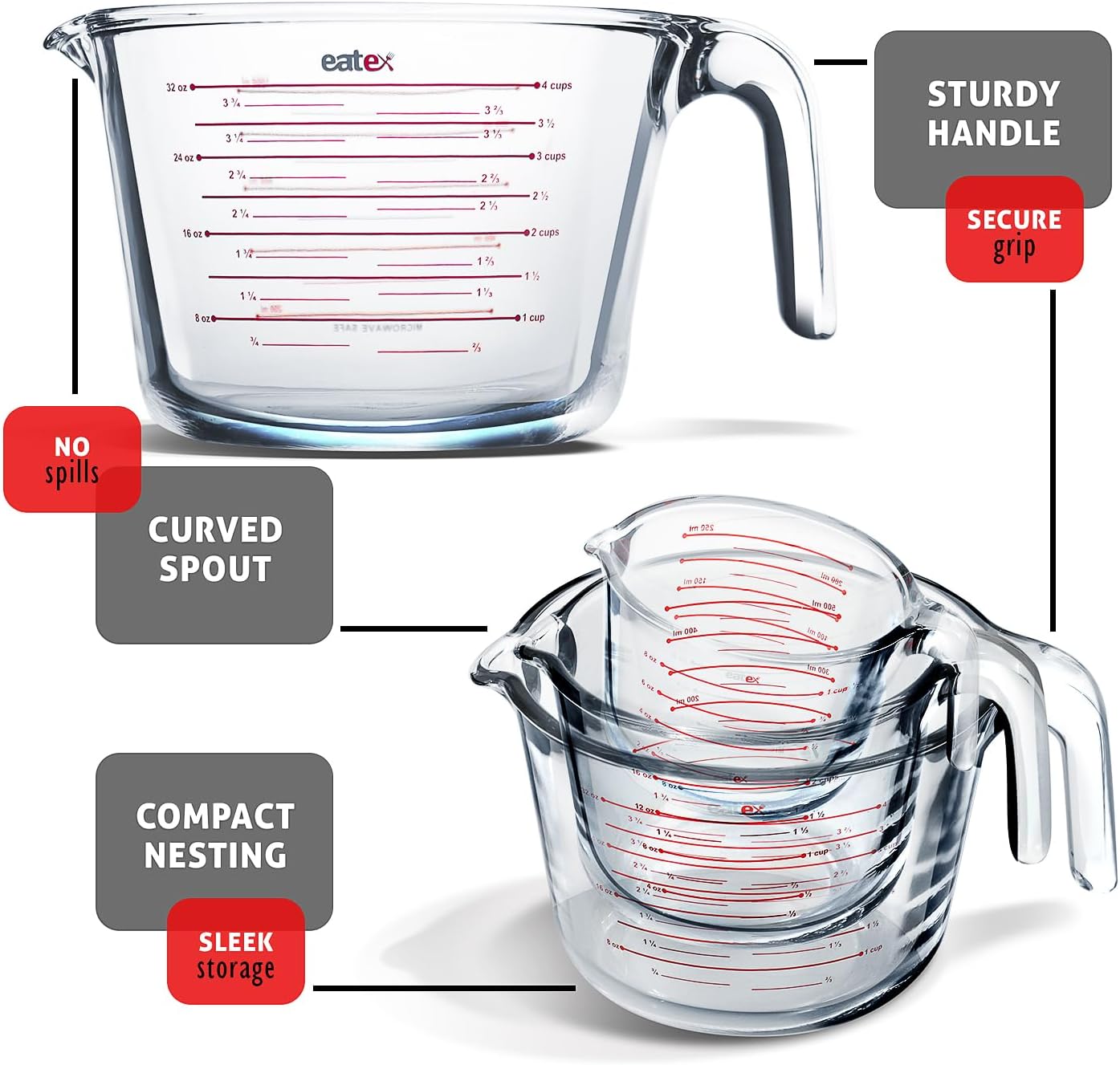 Eatex Mixing Bowls with Measuring Cups & Measuring Spoons 17 Piece Set - Nesting Stainless Steel Mixing Bowls Set for Kitchen, Measuring Spoons & Glass Liquid Measuring Cups, Dishwasher Safe Meal Prep