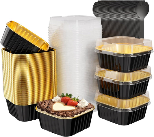 50 Pack Square Mini Cake Pans with Lids,Mini Loaf Pans with Lids,Aluminum Foil Baking Cups,Disposable Ramekins Cupcake Cups,Dessert Cups for Wedding Birthday Party,5oz (Black&Gold)