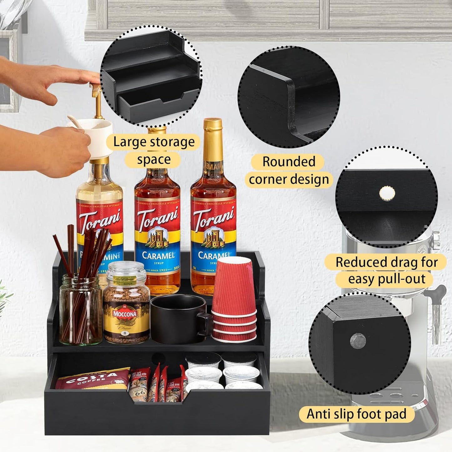 Coffee Pod Holder with Drawer, 3-Tier Wood K Cup Organizer for Countertop, Coffee Bar Organizer Storage Box, Coffee Station Organizer for Kitchen Coffee Station Decor