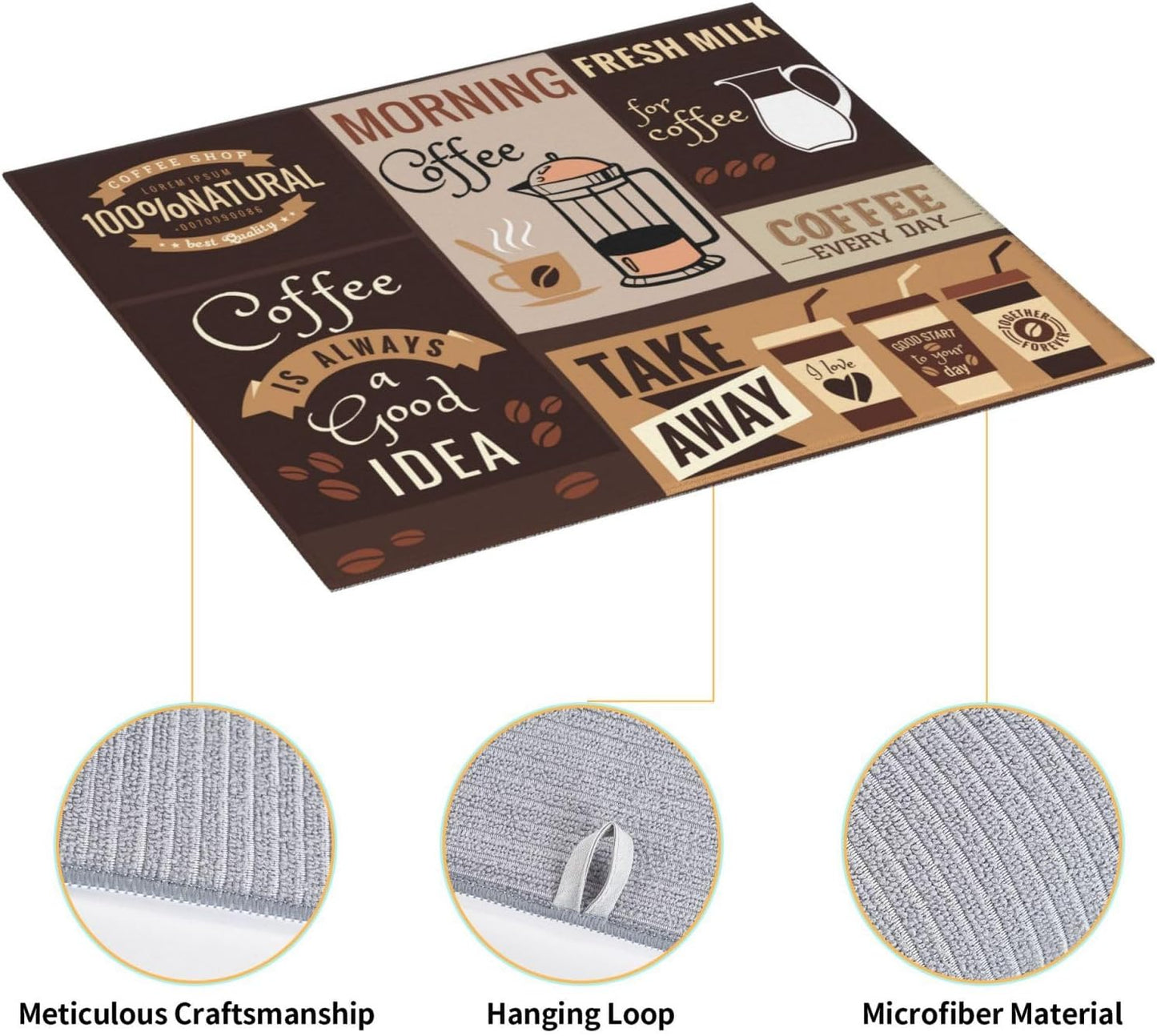 Retro Coffee Pattern Dish Drying Mat, Highly Absorbent Microfiber Kitchen Counter Pad Reusable Washable, 16*18"