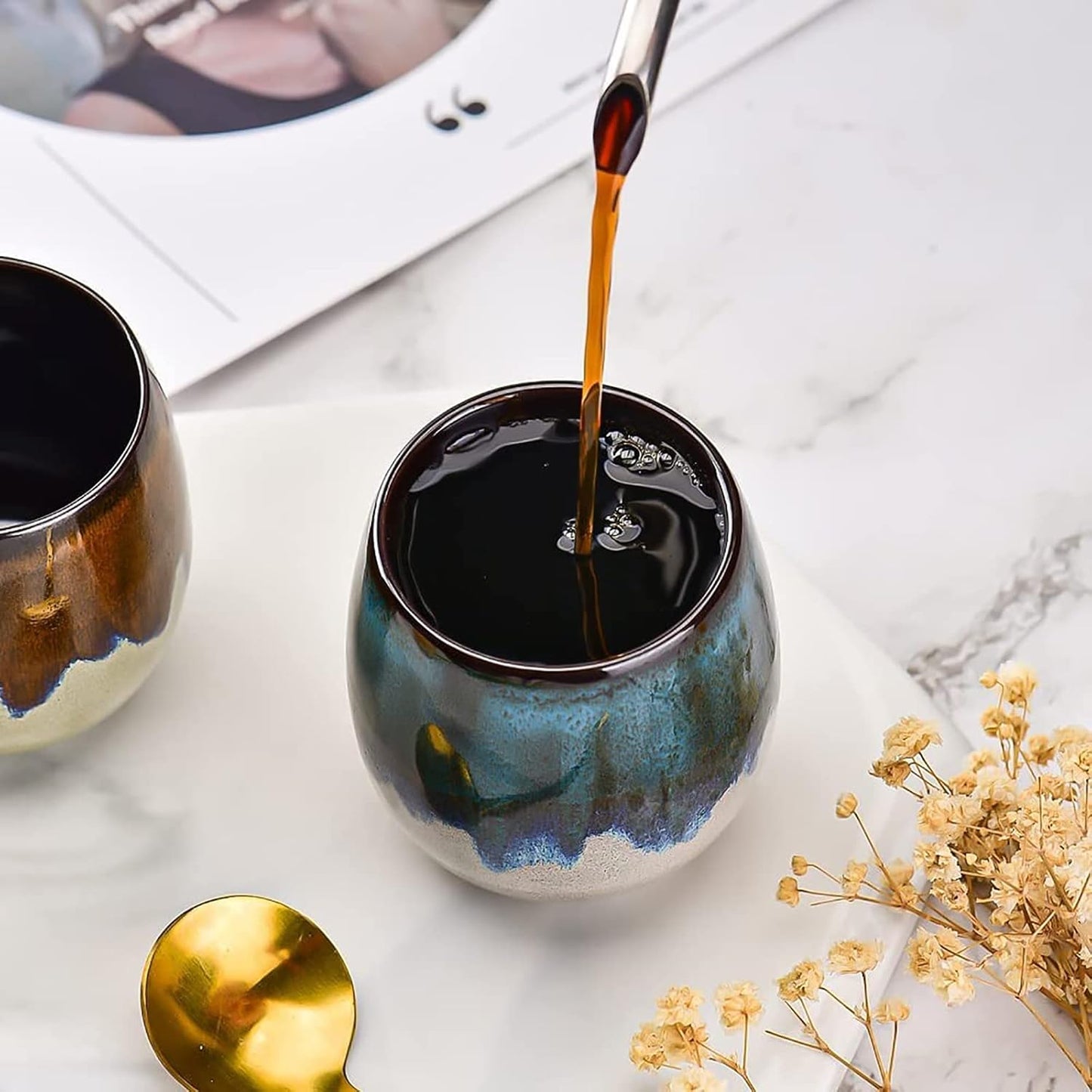 Ceramic Espresso Cups Set of 2 Expresso shots cup Kiln-Change Espresso Cups 3Oz Mini Espresso Mugs Demitasse Cups (Blue)