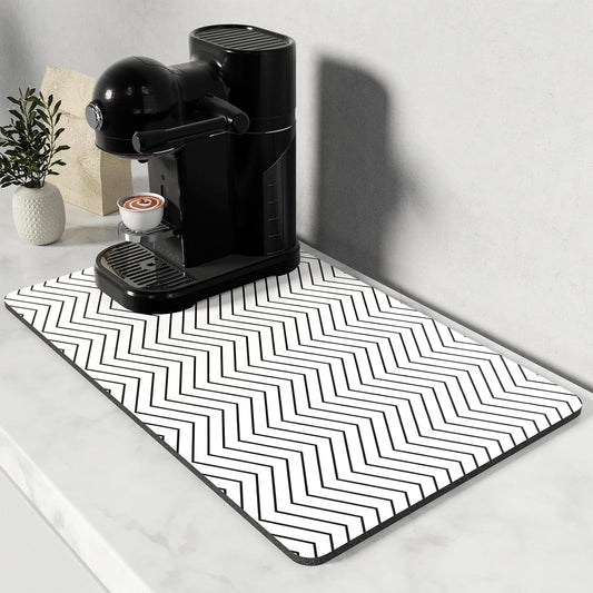 Rnivvi Coffee Mat, 12" x 19" Cute Coffee Bar Mats for Espresso Machine Station Accessories and Organizer, Hide Stain Rubber Backed Absorbent Dish Drying Pad for Kitchen Counter, White Strip