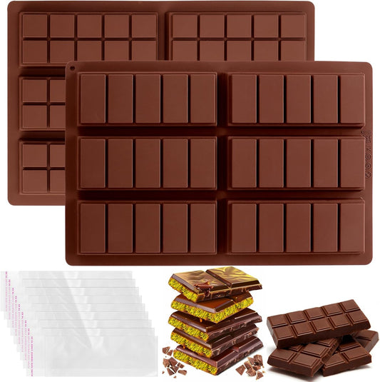 Mity Rain Chocolate Bar Mold Deep - Silicone Thick Mold for Stuffed Bars, Knafeh Pistachio Chocolate Break Apart Candy Molds With 200pcs Storage Bags (Square + Rectangle)
