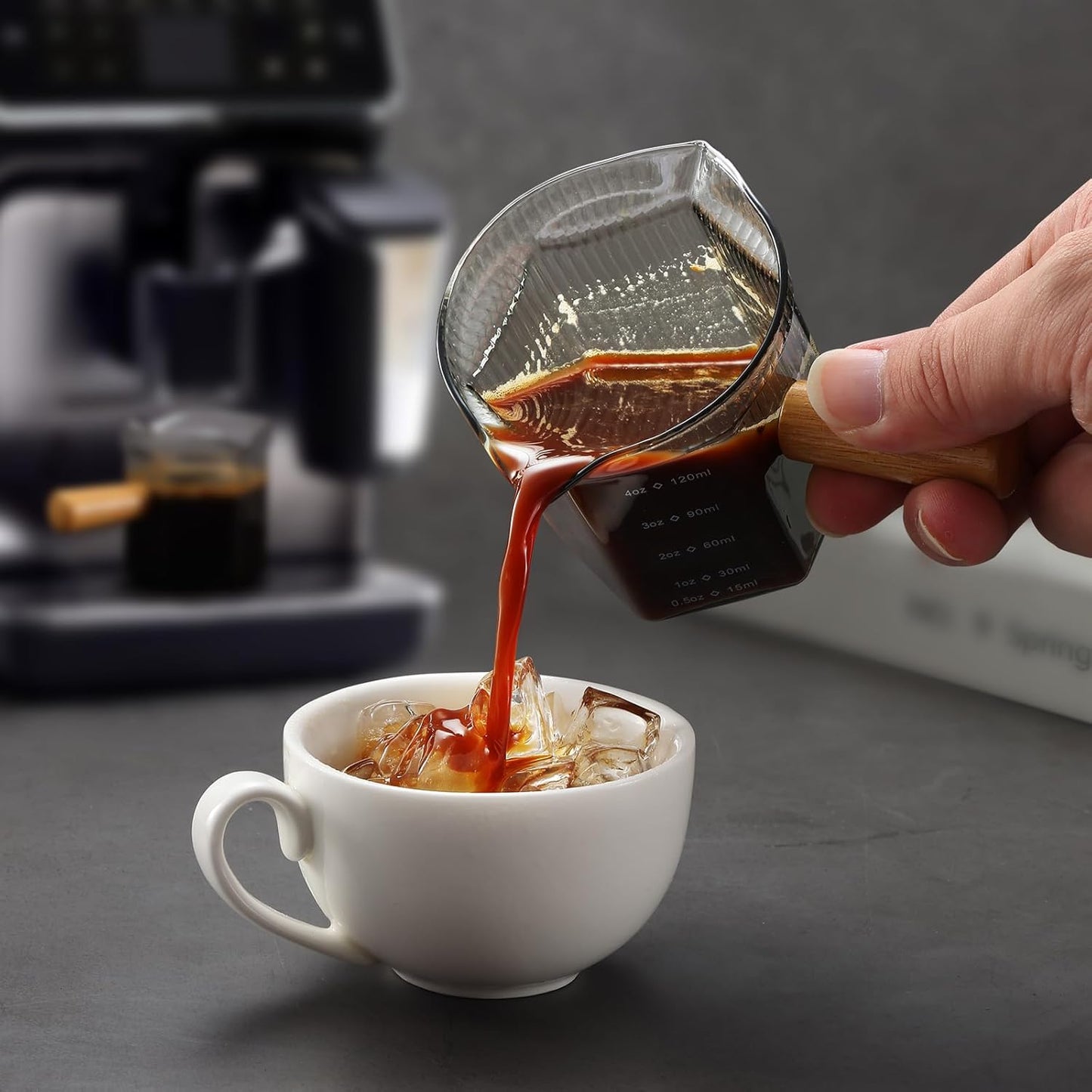 Espresso Cups 4 OZ, Double V-Shaped Spouts Cups, Espresso Shot Glasses with Wood Handle, Ribbed Milk Measuring Cup