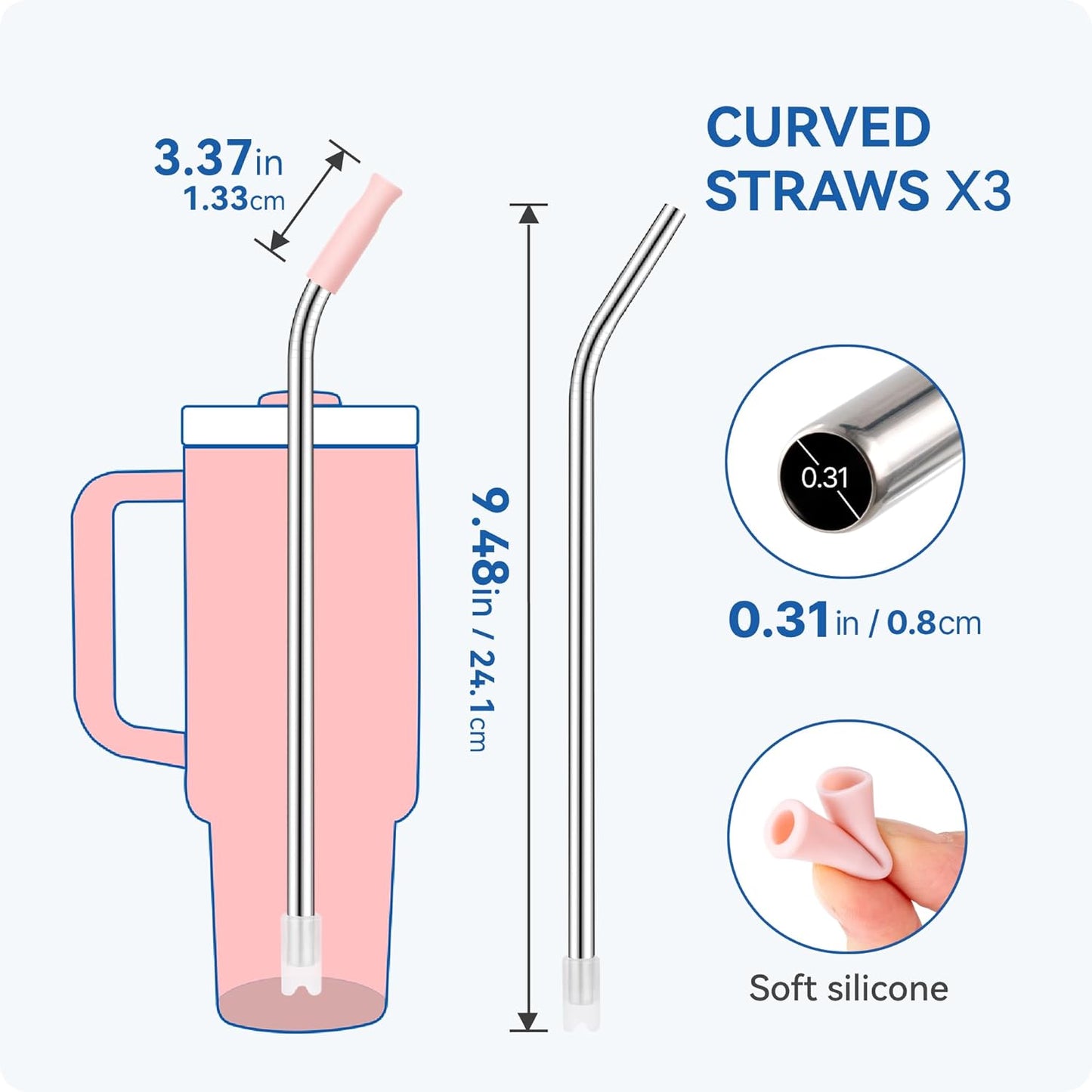 Reusable Stainless Steel Straws with Silicone Tip for Stanley 30oz, Metal Drinking Straws for 30oz Tumbler,3 Bent Tubes & 6 Tips& 1 Cleanr Brush (Iris)