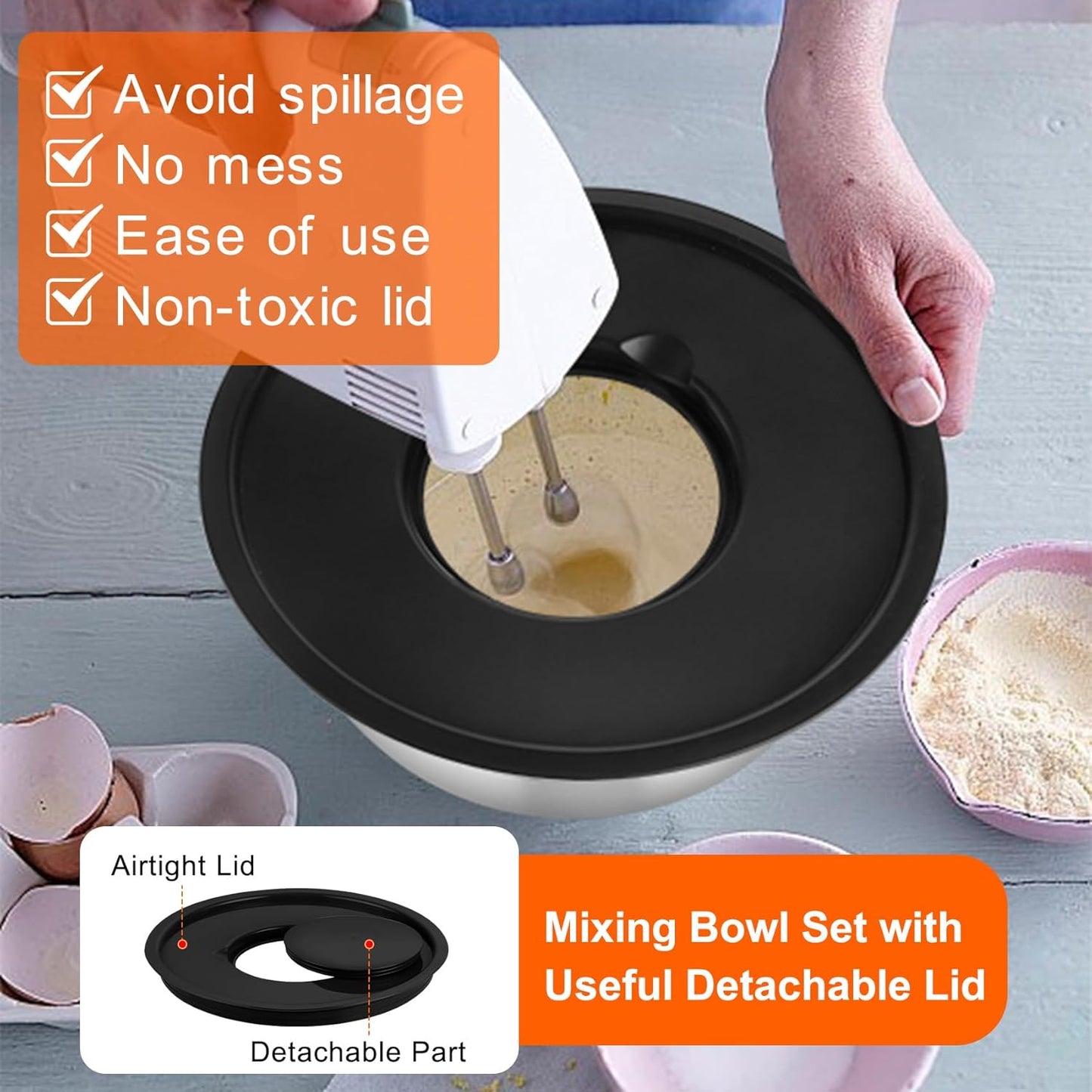 TeamFar Mixing Bowls with Airtight Lids, 5PCS Stainless Steel Metal Salad Bowl with 3 Grater Attachments, for Cooking, Prepping, Serving, Healthy & Easy Clean - 0.7/1/1.5/2.6/4.6QT, Black